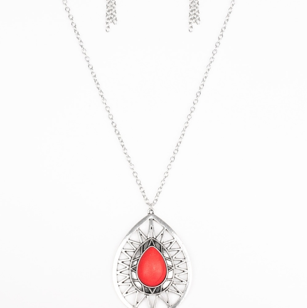 Silver and red necklace.